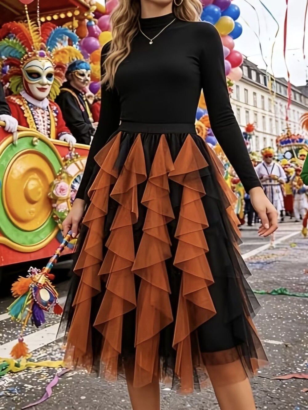 Women'S Elegant Mid-Length A-Line Mesh Color-Block Patchwork Skirt Vacation